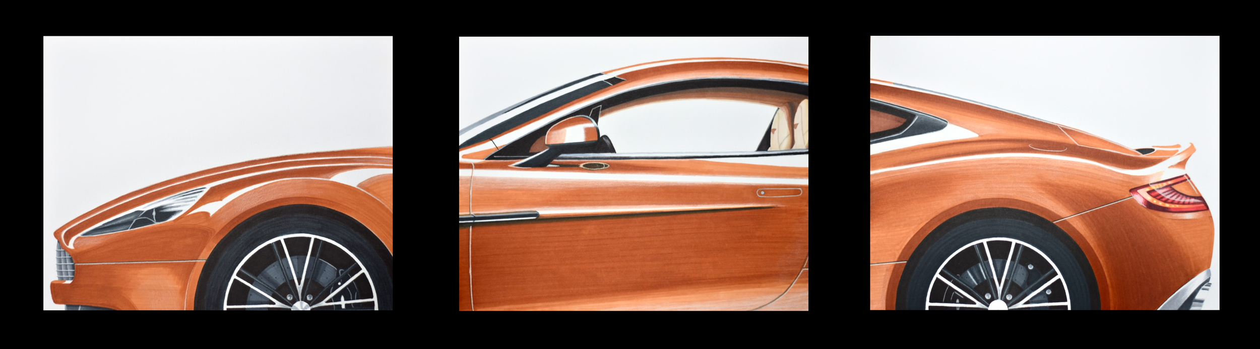 Marker - 2012 Aston Marten Vanquish. Drawn on 3 separate sheets of 14 inch x 11 inch Bristol Vellum. Each drawing was spaced to account for the width of the three frames that hold them.