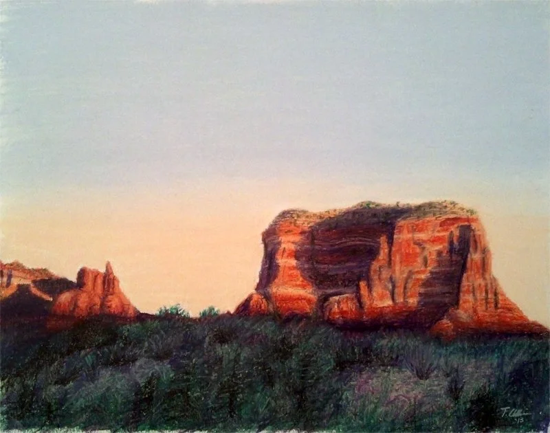 Oil pastel drawing - Courthouse Butte and Bell Rock in Sedona, Arizona. Drawn on 14 inch x 11 inch Bristol Vellum.