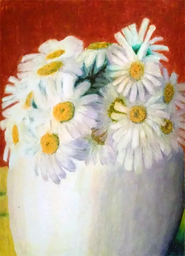 Oil pastel drawing of daisies in a white vase, with a warm red and yellow background.