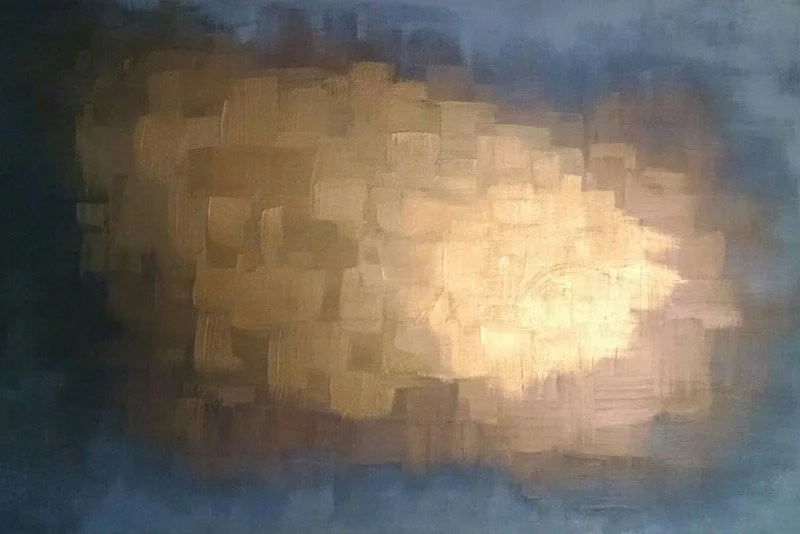 Abstract acrylic painting with large brush strokes in shades of blue and gold.