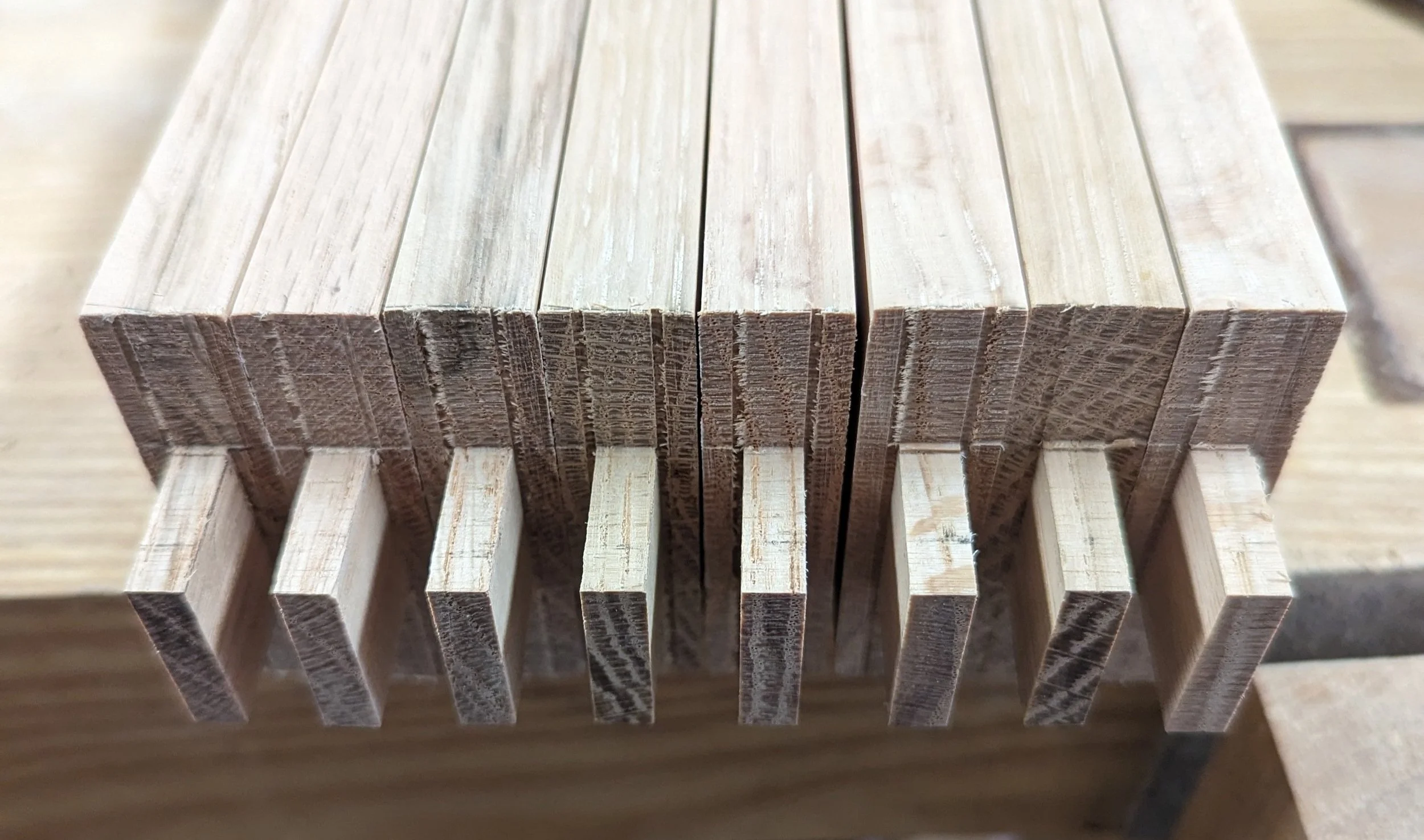 This picture shows the tenons that were cut at the top of each leg. I used a band saw to cut the tenons.