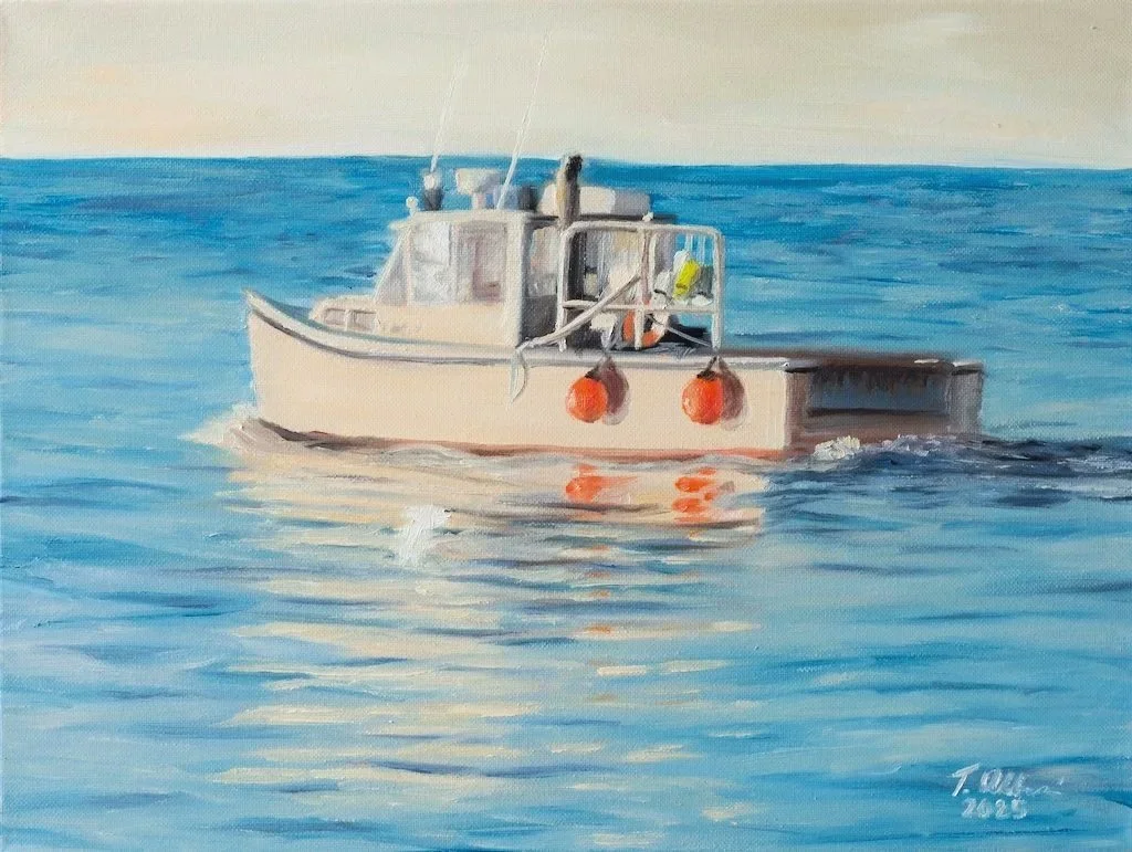 A painting of a lobster boat on calm ocean waters with a pale sky in the background. The boat has orange buoys hanging from its side and is reflected in the water.