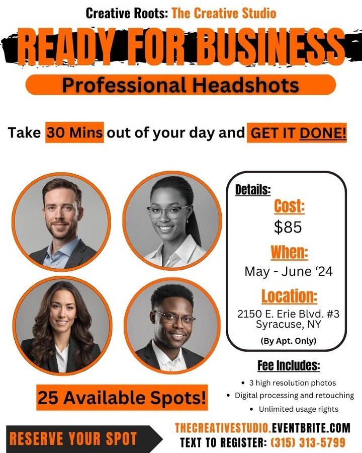 Welcome to the Ready For Business - Professional Headshot Event! Join us at The Creative Studio for a day of updating your professional image. Whether you're a business owner, entrepreneur, or job seeker, having a polished headshot is essential. Our 