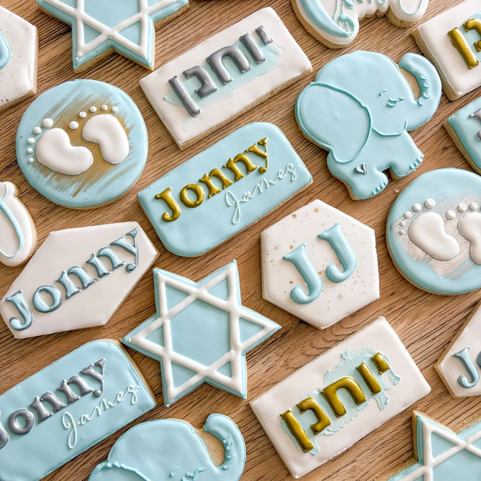 💙✨ Mazel Tov! ✨💙

Celebrating a beautiful milestone with the sweetest touch &mdash; custom-decorated sugar cookies for a baby naming! Each cookie was lovingly crafted for a precious Jewish boy&rsquo;s special day, featuring soft blues, whites, and 