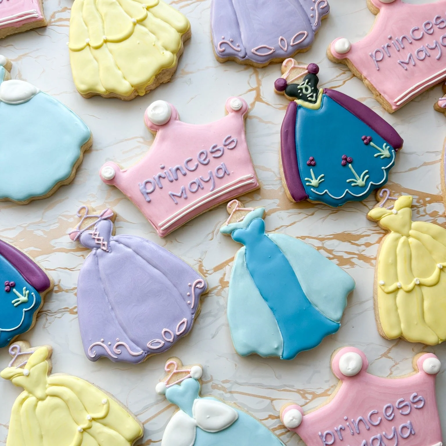 👑✨ Princess Dress Cookie Set ✨👑
Because every celebration deserves a little sparkle and a whole lot of royal energy 💅🎀

These princess dress themed decorated sugar cookies were a dream to make &mdash; pretty pastels, sweet little details, and tot