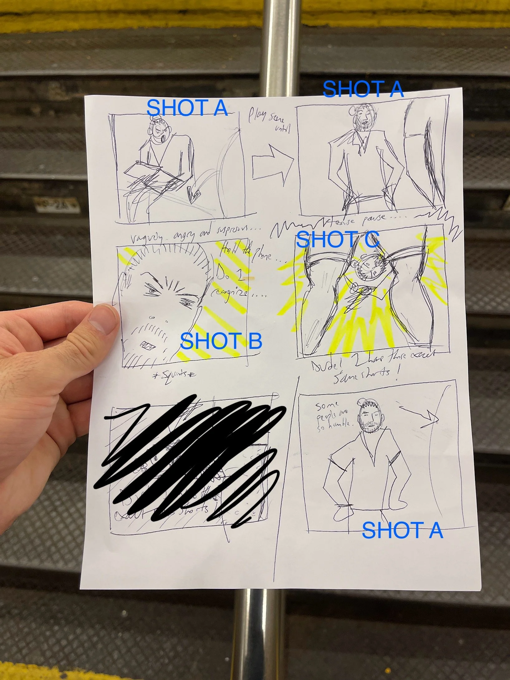 A quickly drawn storyboard (with iPhone annotations) for some minor re-shoots