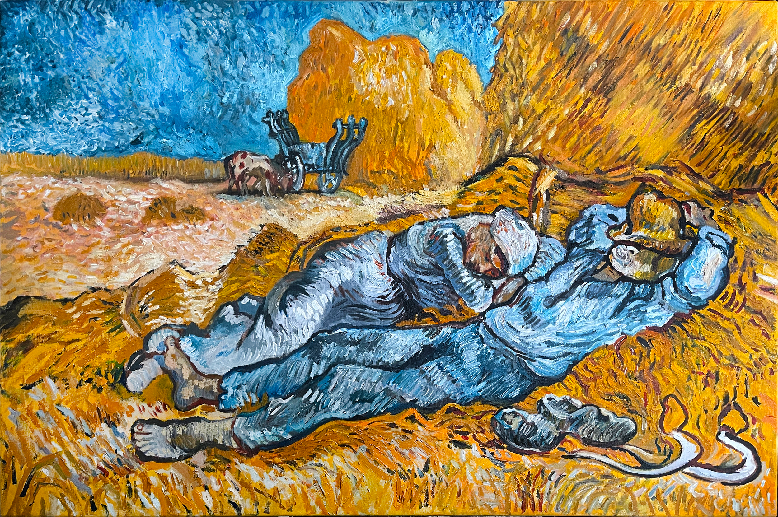 Master Copy of Van Gogh's 'The Siesta' after Millet, oil paints on stretched canvas, 24 x 36"