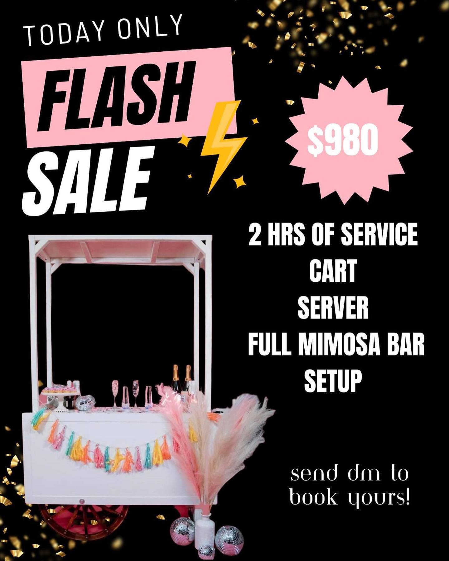 🎉𝑺𝑼𝑷𝑬𝑹 𝑭𝑳𝑨𝑺𝑯 𝑺𝑨𝑳𝑬 𝑻𝑶𝑫𝑨𝒀 𝑶𝑵𝑳𝒀 🎉
Have you been dreaming of having one of our famous mimosa carts? Now is your chance! This sale ends tonight, make sure to send us a DM to book! 🥂