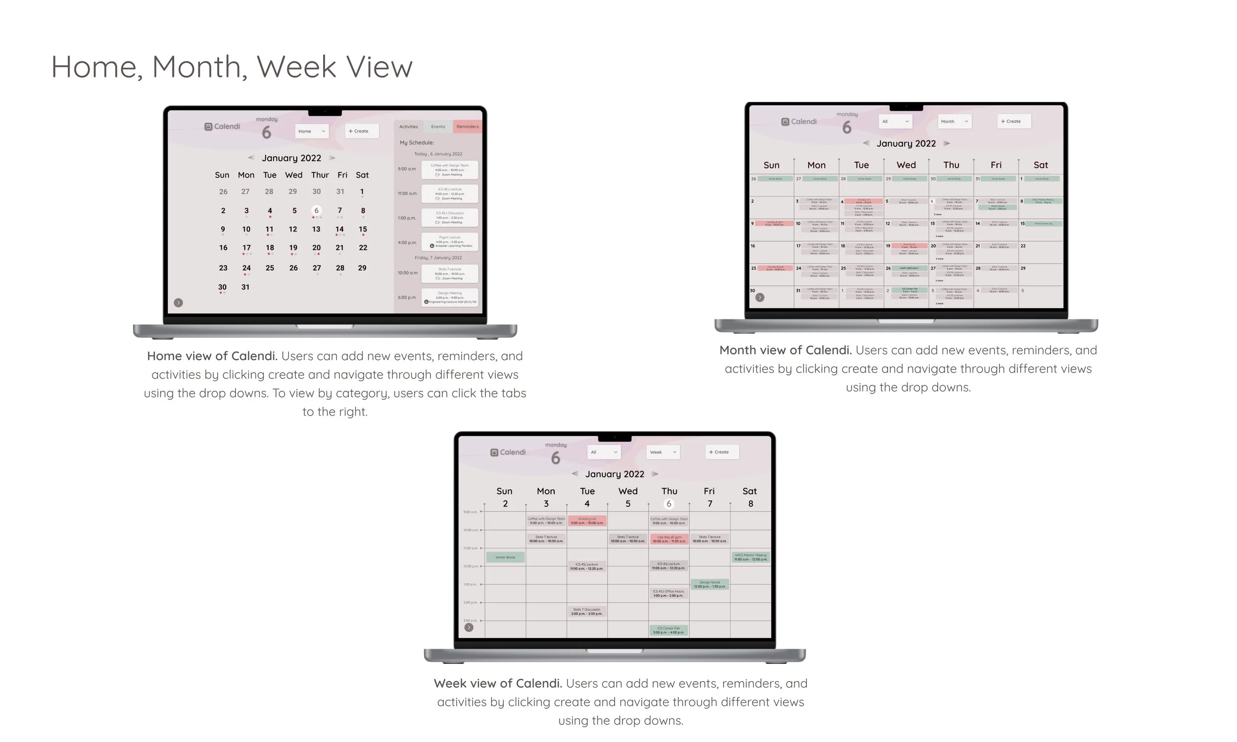 Shows three computer mockups including the home view of Calendi, month view of Calendi, and week view of Calendi.