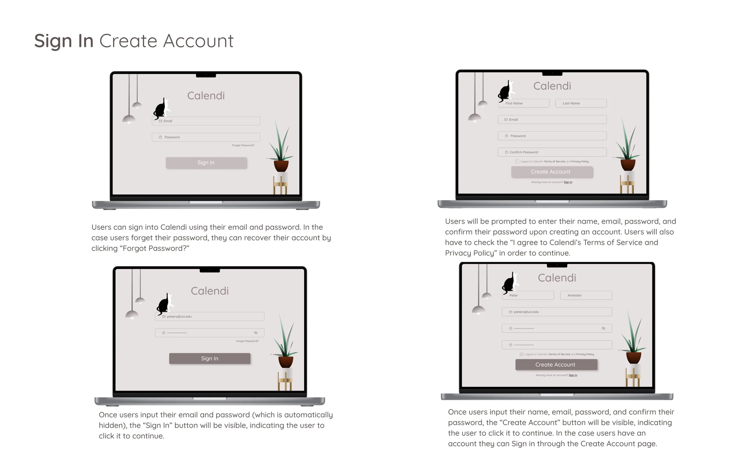 Titled "Sign In Create Account." Shows four computer mockups of Calendi: sign in, create account, sign in filled, and create account filled, with corresponding descriptions.