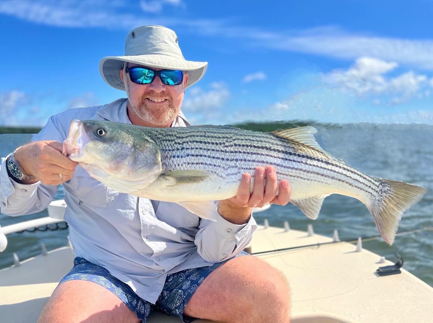 Graham from 🇿🇦 with his first striper and he did so in proper fashion. Sight-fished in less than a foot of water, sealing the deal with an epic eat &amp; screaming reel into the backing! This ☝🏼 softened the pain of losing a big girl early on into