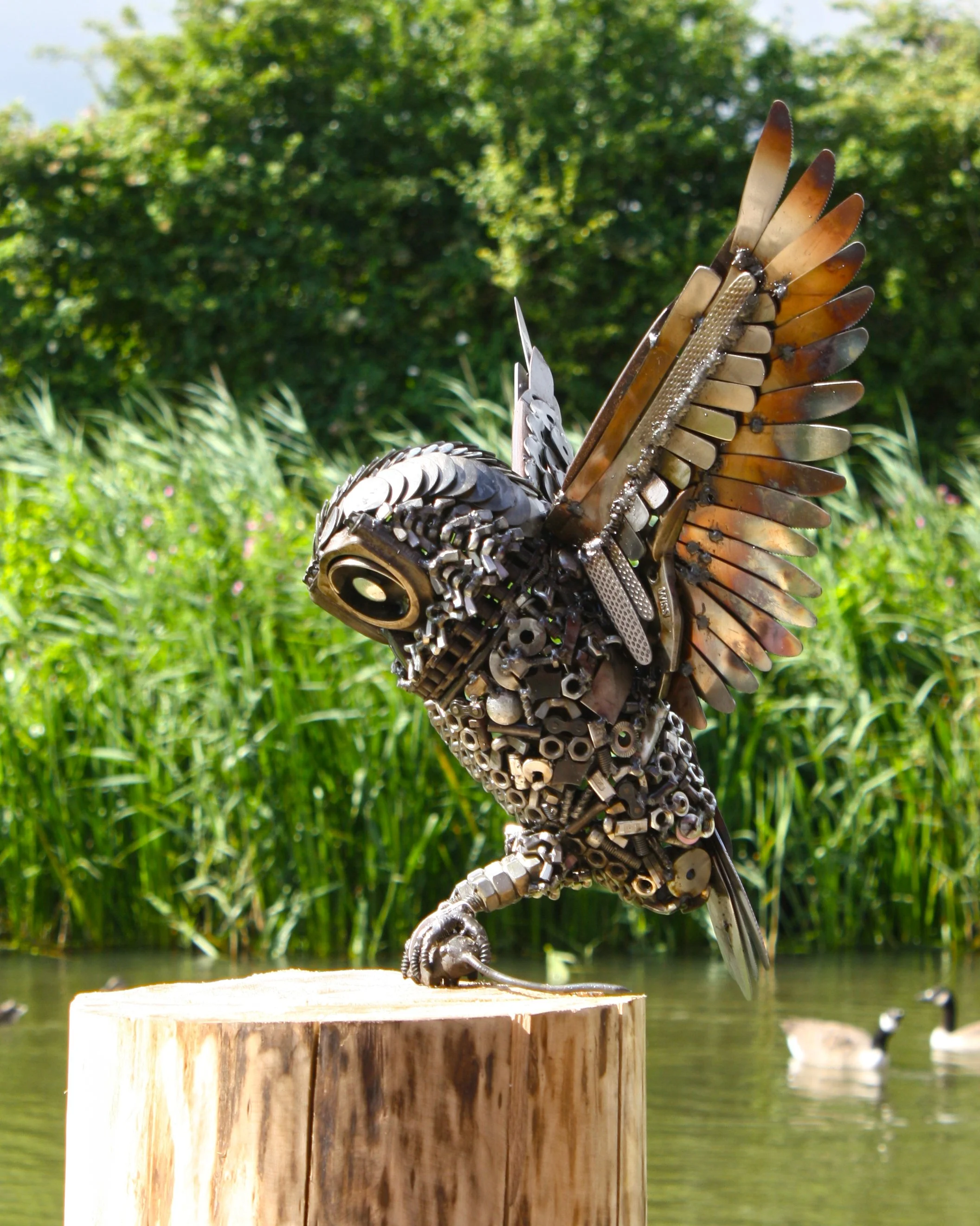 Scrap metal sculpture based on a tawney owl, created using old tools, bearings and cutlery.