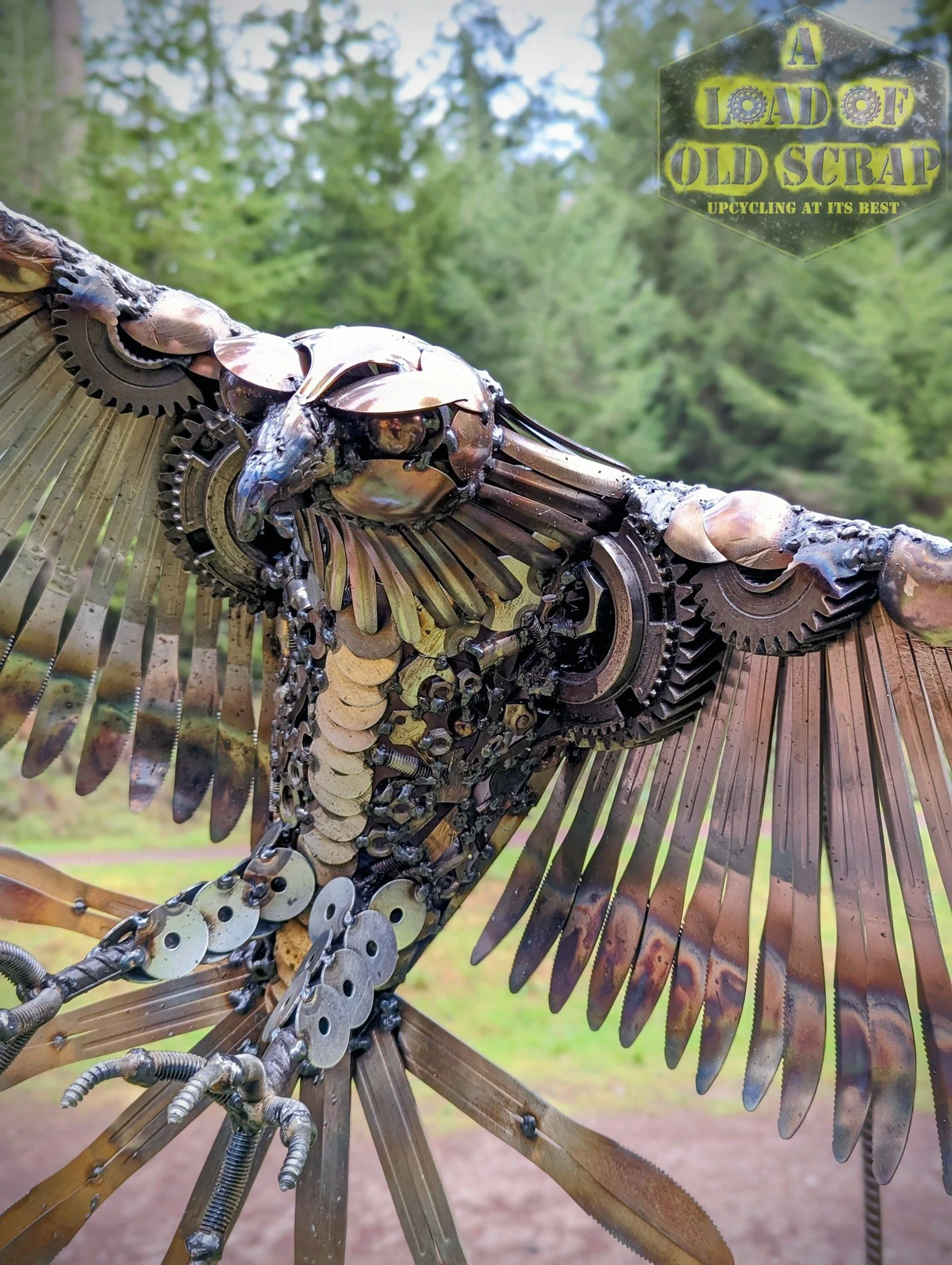 Scrap metal Harris hawk sculpture, wings made from knives head made from spoons and lots of old tools ,nut and bolts etc cut up to create a scrap mosaic for the body