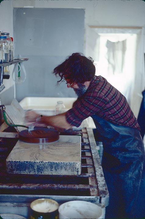Don Wright graining a litho stone, St.Michael's Southern Shore.