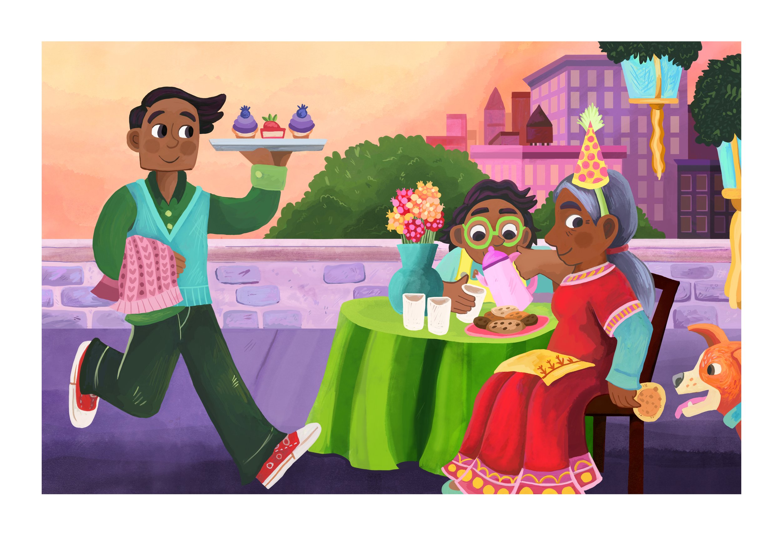 Rooftop Garden Party. Gouache and digital. 2025.