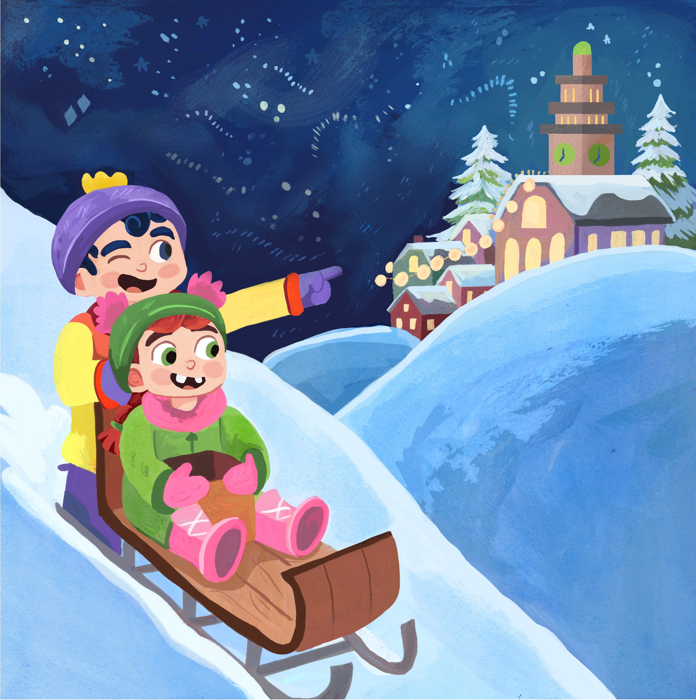 Sledding. Gouache and digital. 2025.