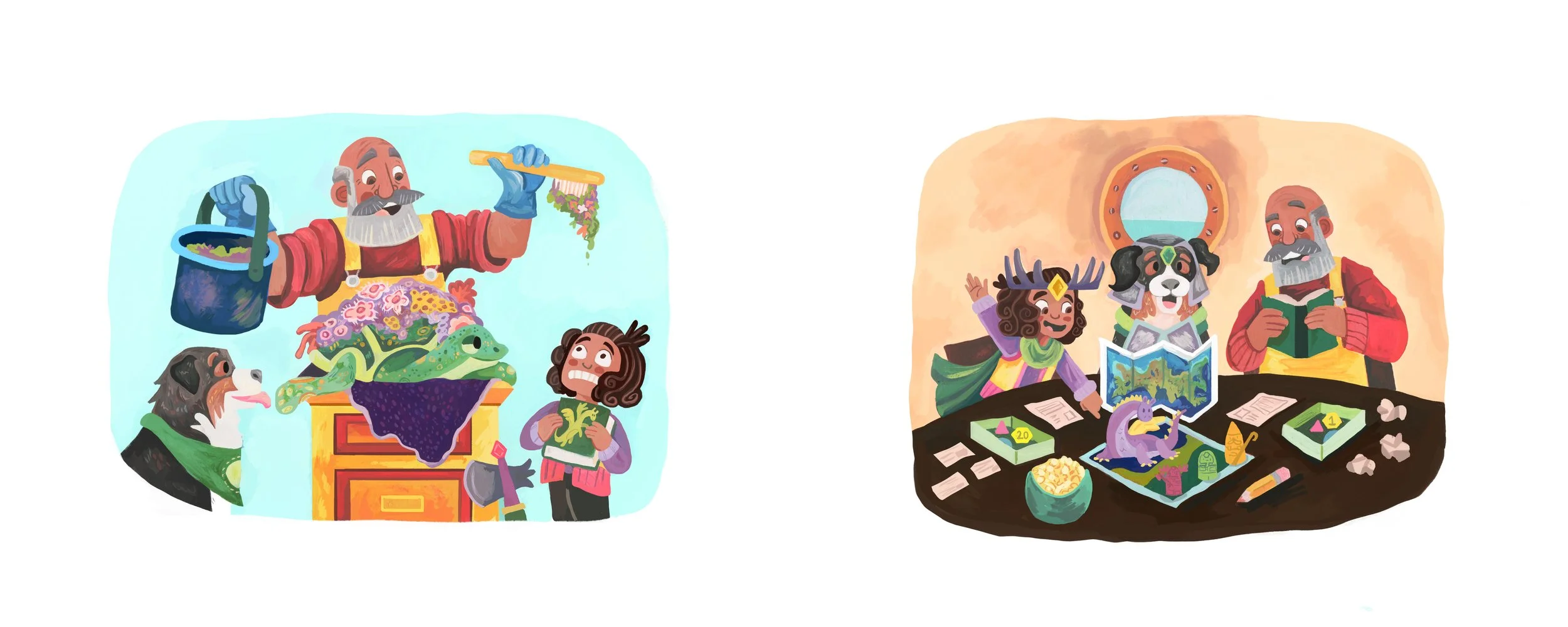 Buckets and Games. Gouache and digital. 2026.
