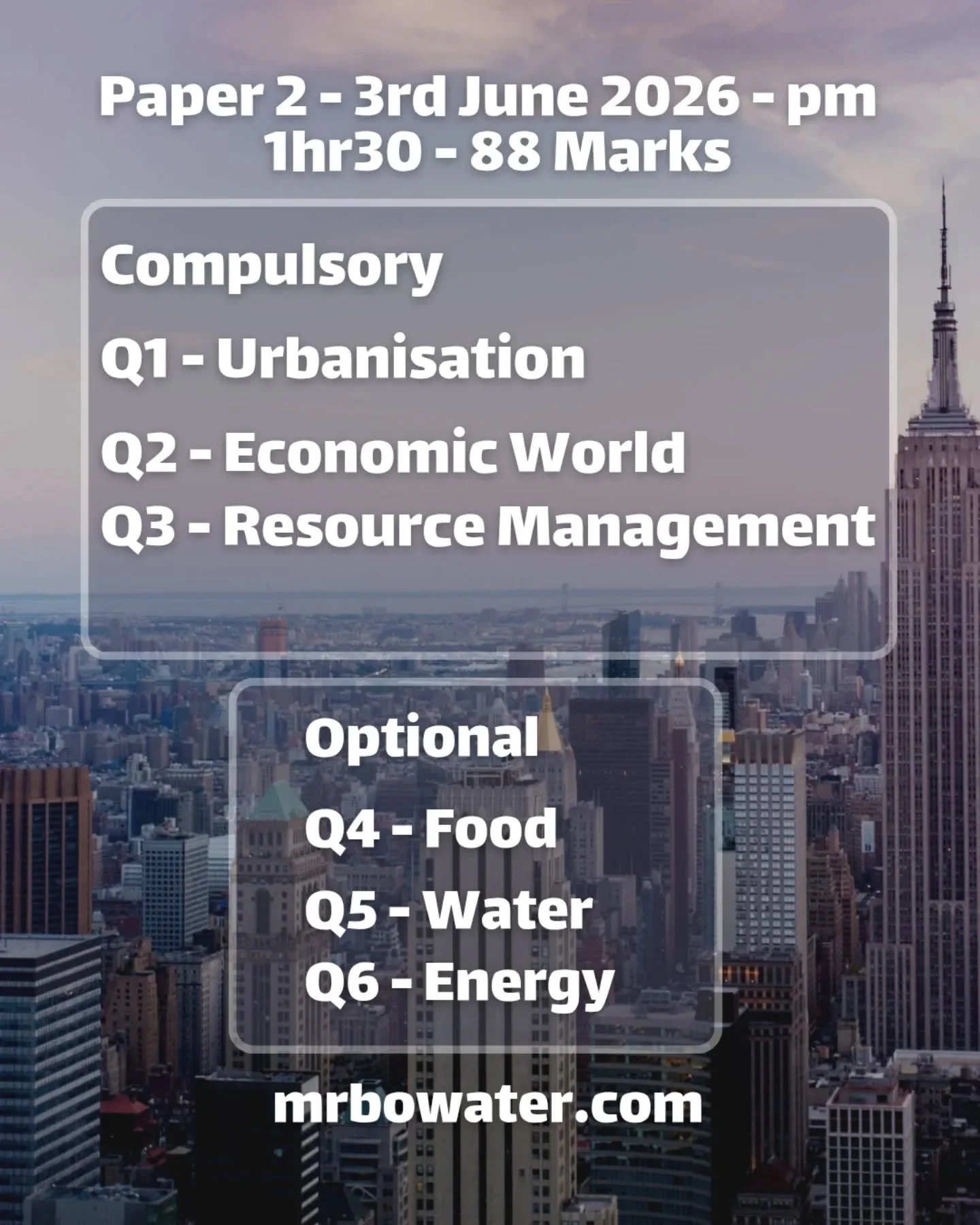 Time to get started on Paper 2 revision!!

Revision video on Paper 2 + specific case studies available on YouTube.com/mrbowater 

Paper 2 overview:
https://youtu.be/OzlWM9gIycI?si=tl0KuwKsVp6peWoi
Rio:
https://youtu.be/BHSo0mT9naY?si=DIswvzlBJCSjDoqF