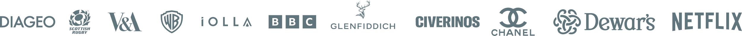 A row of logos for various companies including Diageo, Subaru, V&V, Warner Bros., IOLLA, BBC, Glenfiddich, Giverinos, Chanel, Dewar's, and Netflix.