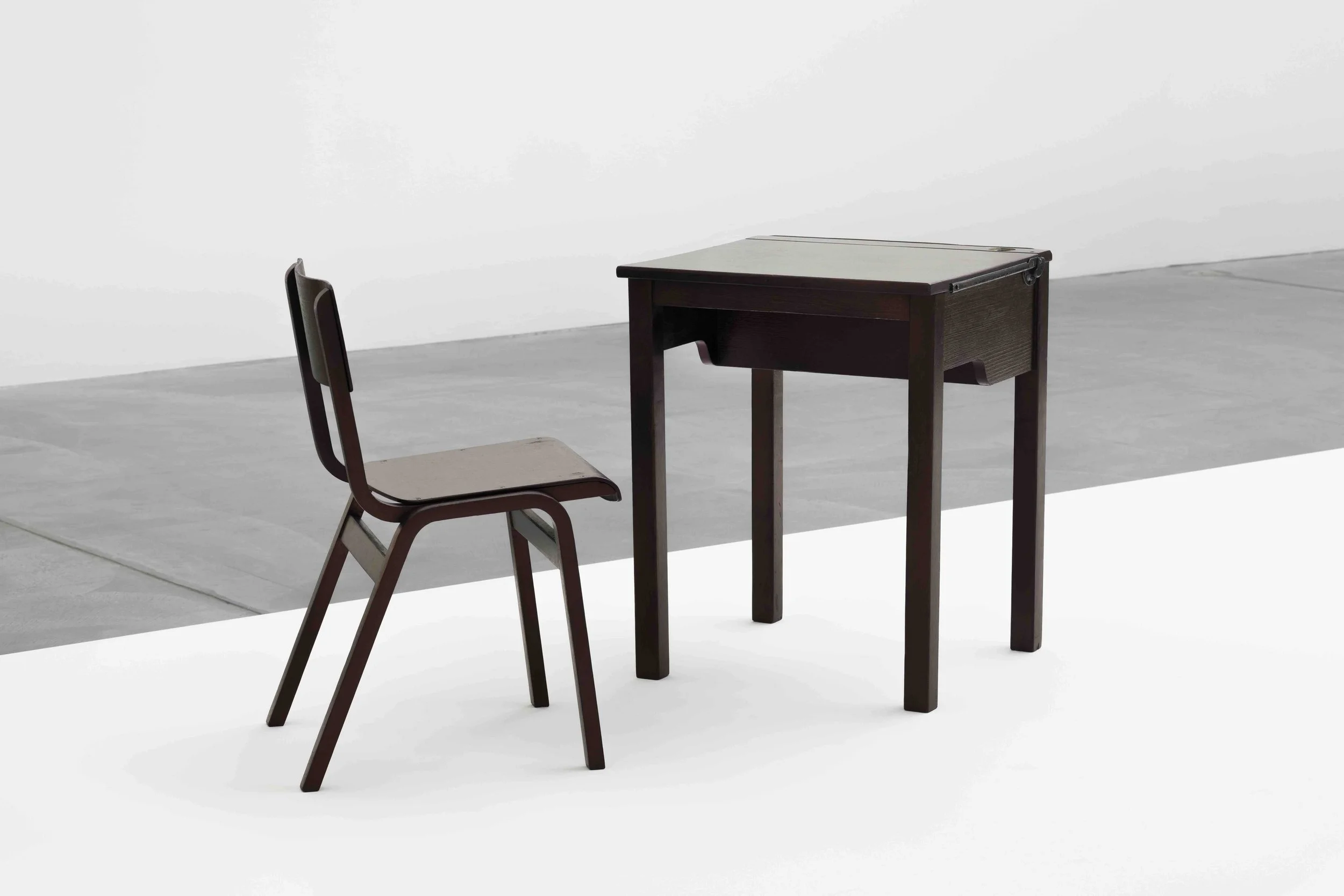 DESK AND CHAIR (2025) - wooden desk and chair, blue biro