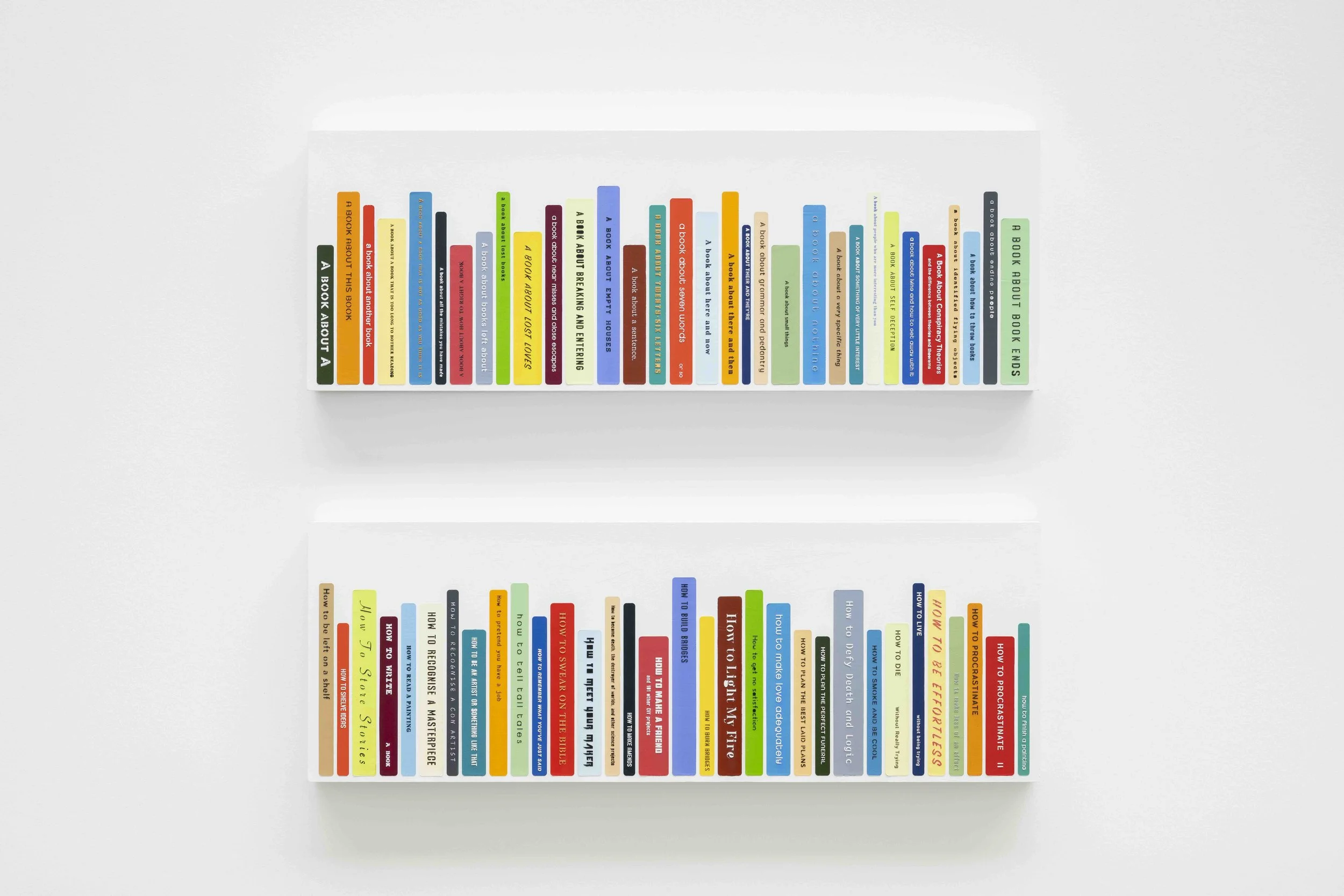 (top) A BOOK ABOUT (bottom) HOW TO... (2025) - oil paint on plywood panel - 36cm x 100cm
