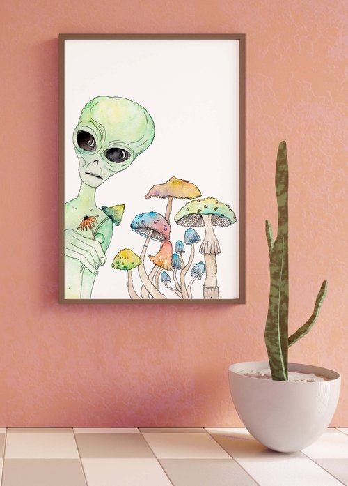 Psily Alien by Kate Yarter - Watercolor Alien and Mushrooms Art Print