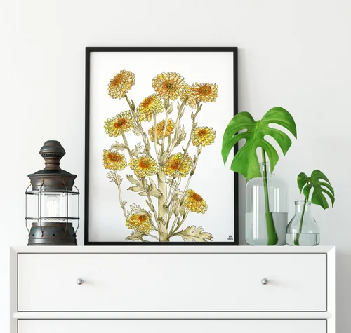 Golden Mums by Kate Yarter - Watercolor Mum Flowers Art Print