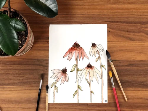 Painted Coneflowers by Kate Yarter - Painted Watercolor Coneflowers Art Print
