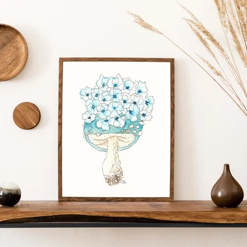 Hydrangea Shroom by Kate Yarter - Watercolor Mushroom Flower Art Print