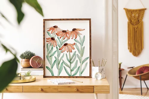 Orange Coneflowers Art Print by Kate Yarter- Watercolor Flowers Illustration