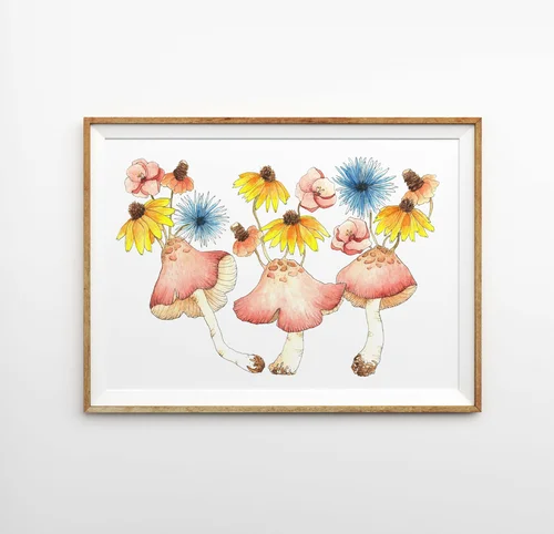 Wild Shrooms Art Print by Kate Yarter- Watercolor Mushroom Flower Illustration