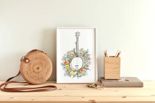 Banjo and Blooms Watercolor Art Print by Kate Yarter