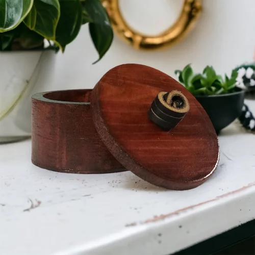 Handcrafted Wooden Cannister with Lid and Leather Pull - Gunstock and Walnut Stain
