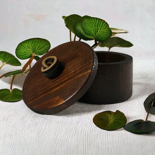 Handcrafted Wooden Cannister with Lid and Leather Pull - Leather and Dark Walnut Stain