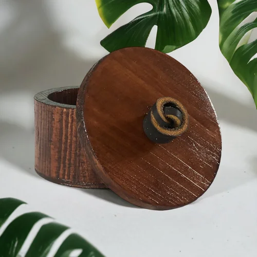 Handcrafted Wooden Cannister with Lid and Leather Pull - Dark Walnut Stain