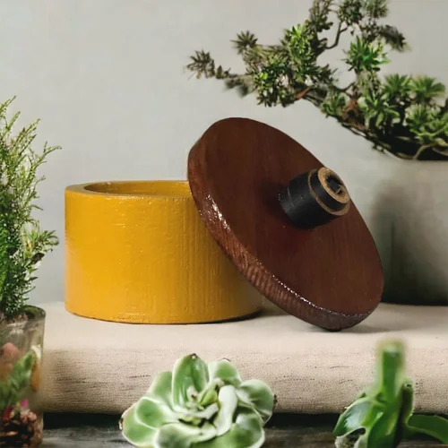Handcrafted Wooden Cannister with Lid and Leather Pull - Mustard Paint and Dark Walnut Stain
