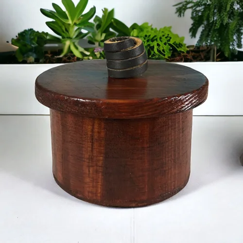 Handcrafted Wooden Cannister with Lid and Leather Pull - Gunstock and Walnut Stain