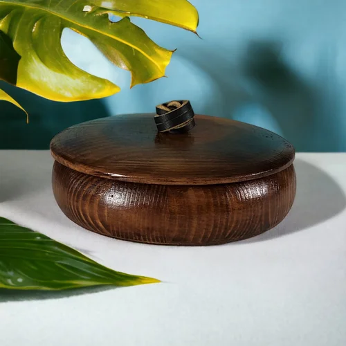 Handcrafted Wooden Bowl with Lid and Leather Pull - Dark Walnut Stain