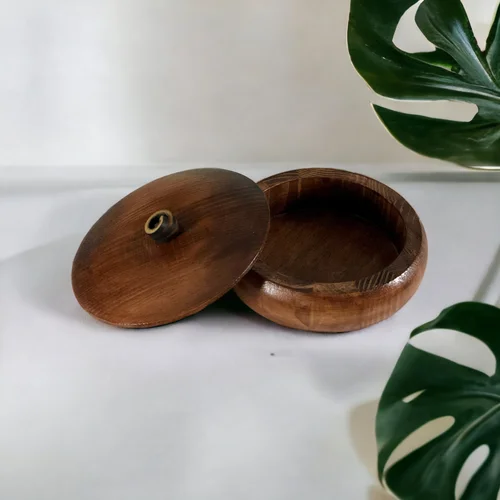 Handcrafted Wooden Bowl with Lid and Leather Pull - Dark Walnut Stain
