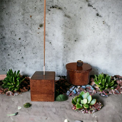 Handcrafted Wooden Cube Incense Holder - Dark Walnut