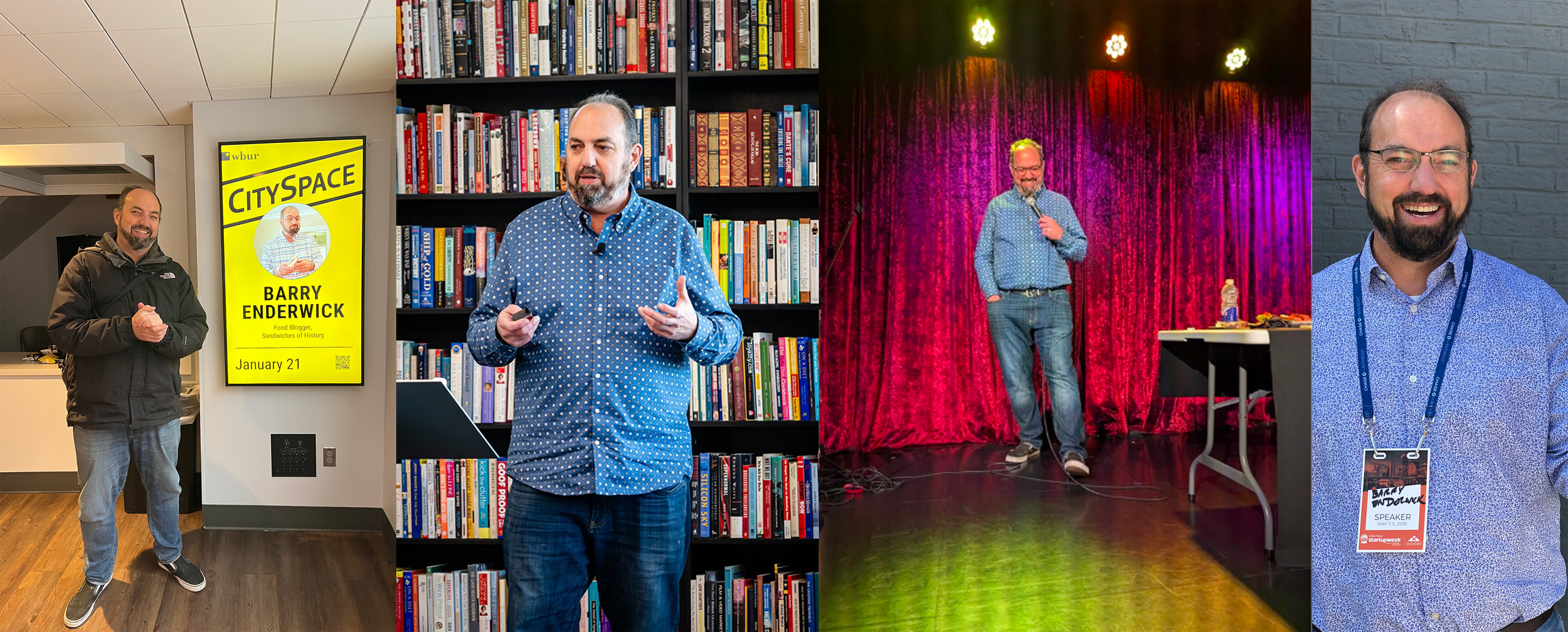 Various images of Barry Enderwick speaking publicly