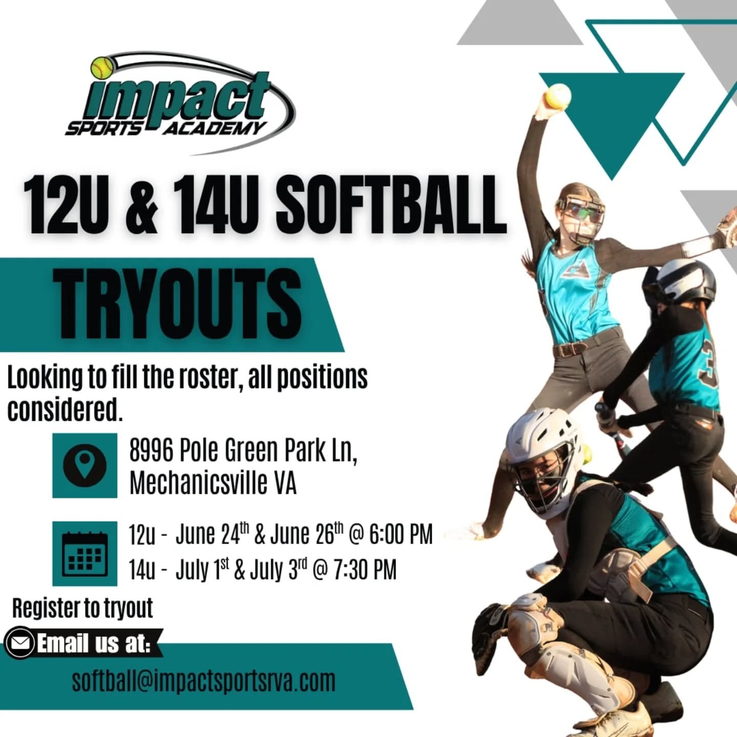 🥎 12U &amp; 14U Softball Tryouts
 &mdash; don&rsquo;t miss your shot to join the team and grow your game. 💪

📍Details in flyer
🔗 Register here: https://linktr.ee/ImpactSportsRVa

#ImpactSoftball #12USoftball #SoftballTryouts #MechanicsvilleVA #Yo