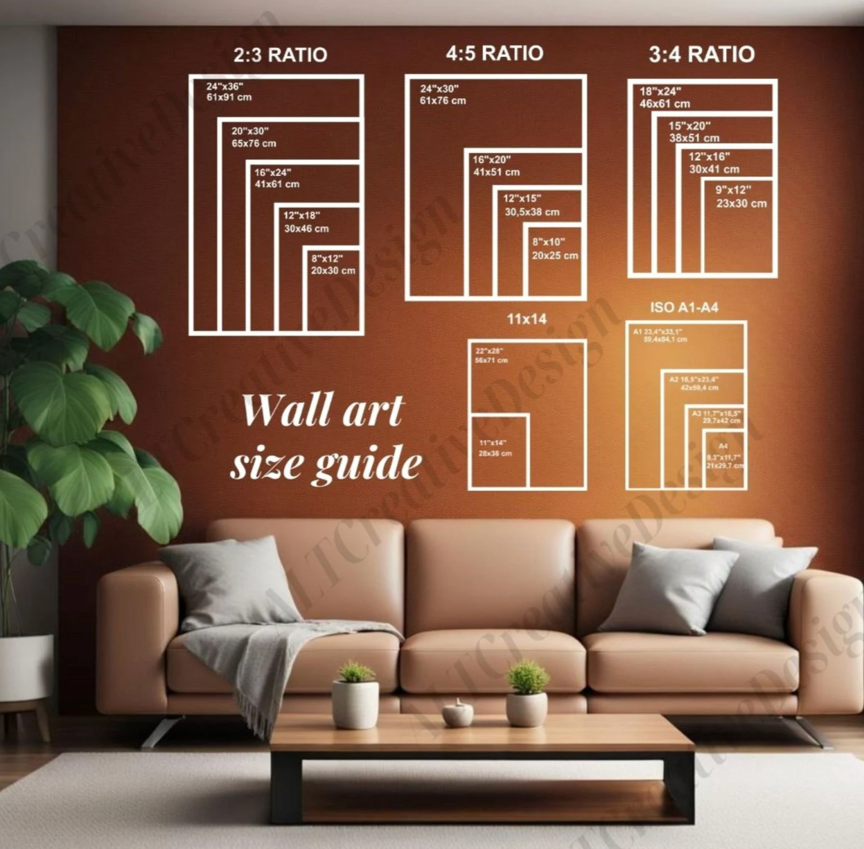 Wall art size guide with ratios and measurements displayed on a brown wall behind a beige sofa with cushions, in a living room setting with potted plants and a wooden coffee table.