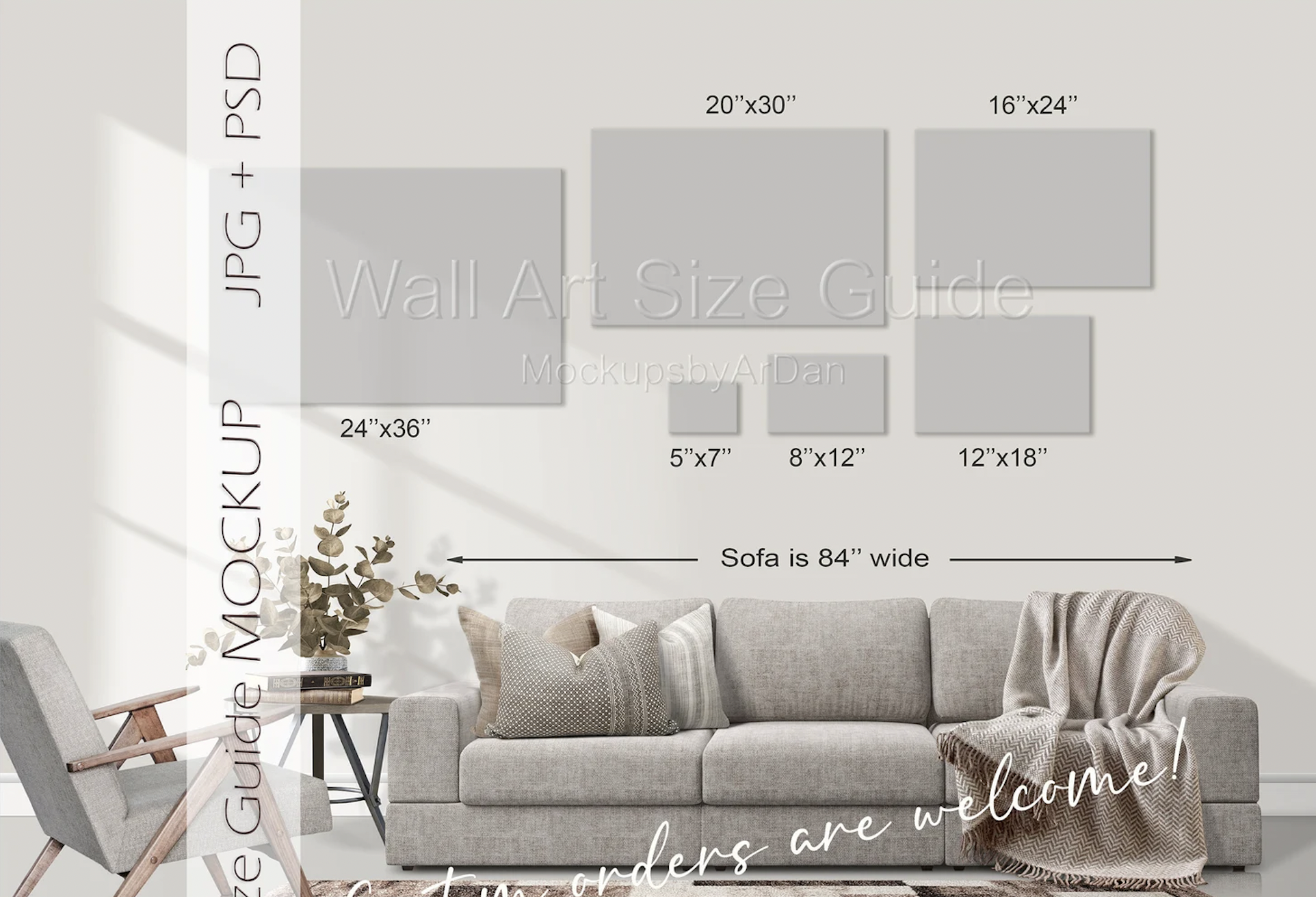 Wall art size guide with mockup of a living room featuring a gray sofa, pillows, a side table with a plant, and five wall art size options above the sofa labeled with dimensions (5 x 7 inches, 8 x 12 inches, 12 x 18 inches, 16 x 24 inches, 20 x 30 inches). The sofa is 84 inches wide.