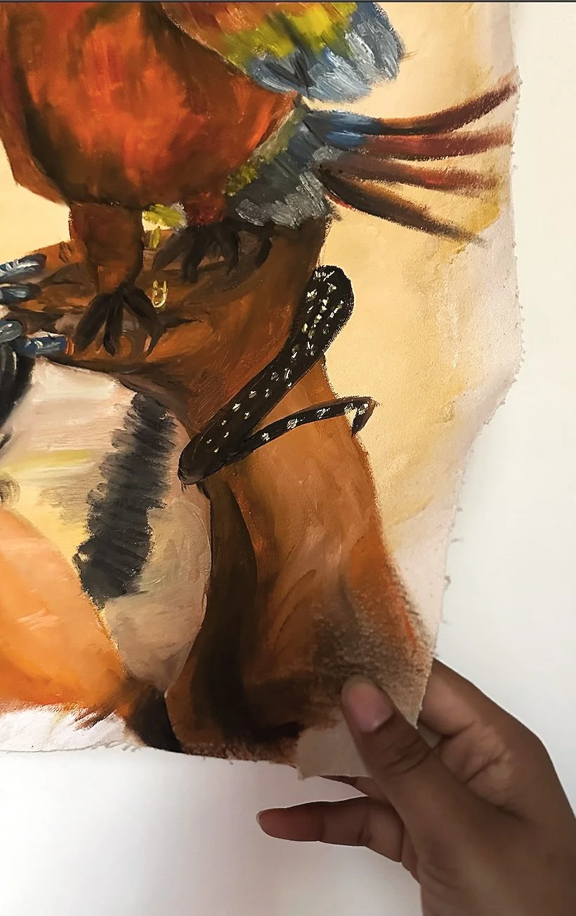 Close-up of an abstract painting depicting a detailed close-up of a woman's hand, wrist, and part of her upper arm, with warm tones and black accents.