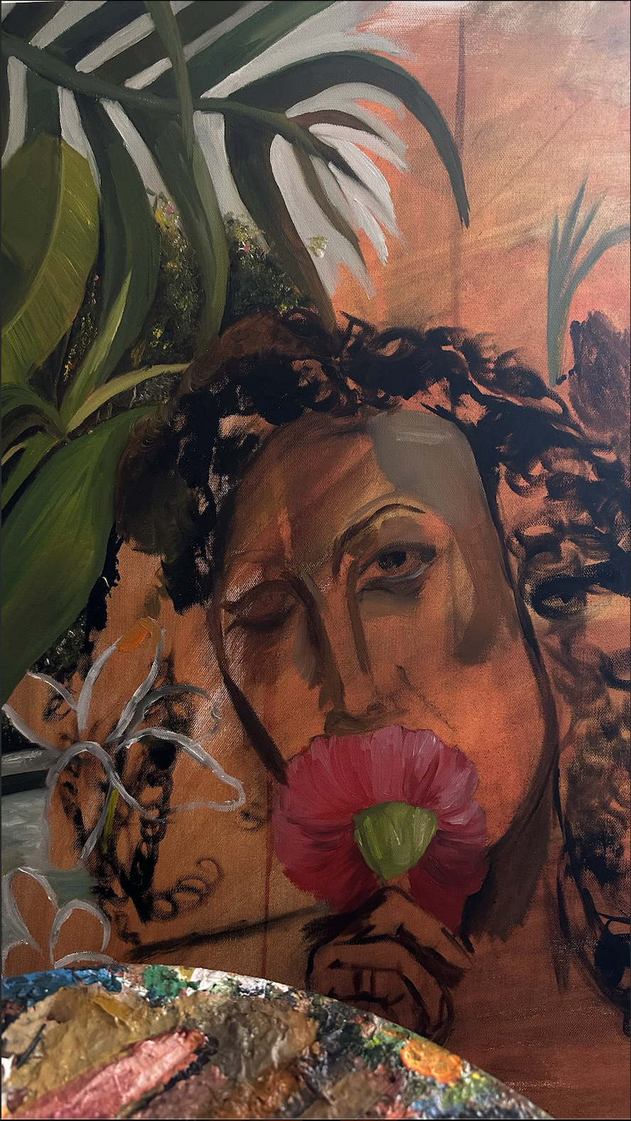 An artistic painting of a woman holding a pink flower near her lips, with lush green tropical leaves surrounding her, and a warm orange background.