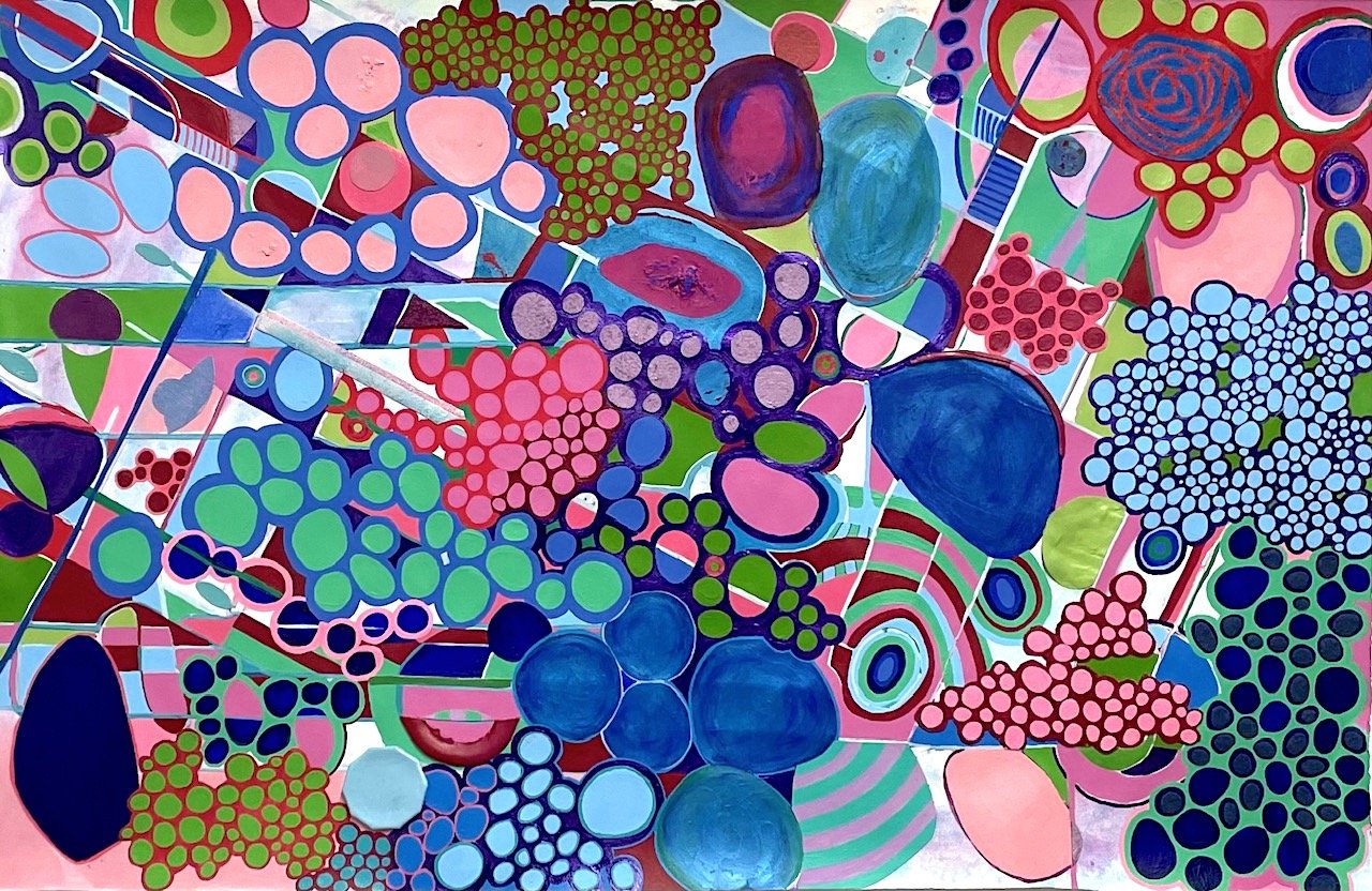  Hanging Fruit 
 Acrylic, Oil, Pastel, Ink & Collage on Paper
 22 1/2" x 38"
 2025 