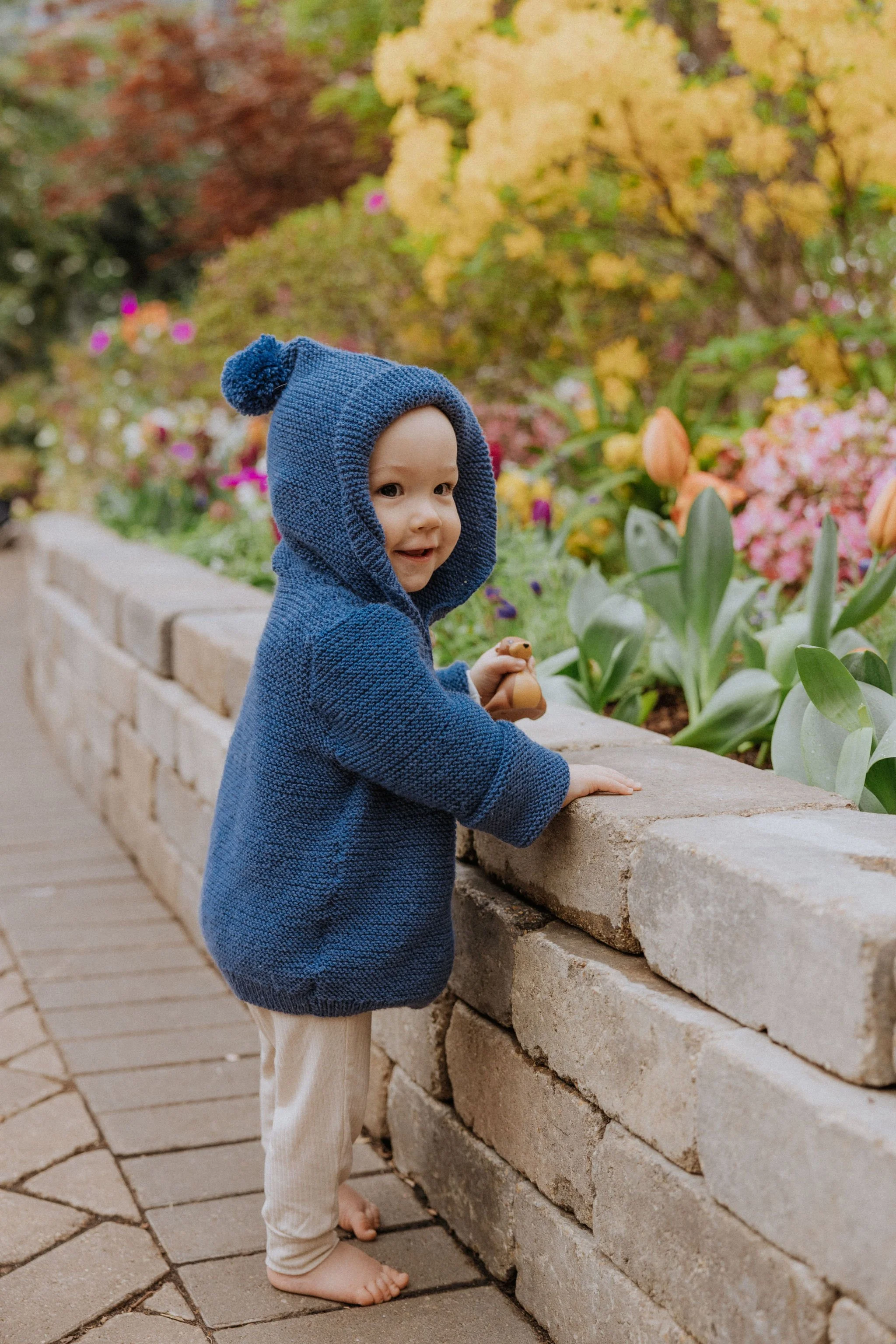 A young child in a blue knitted hoodie with bear ears, standing barefoot on a sidewalk, holding a small toy bear, and looking at colorful flowers in a garden.