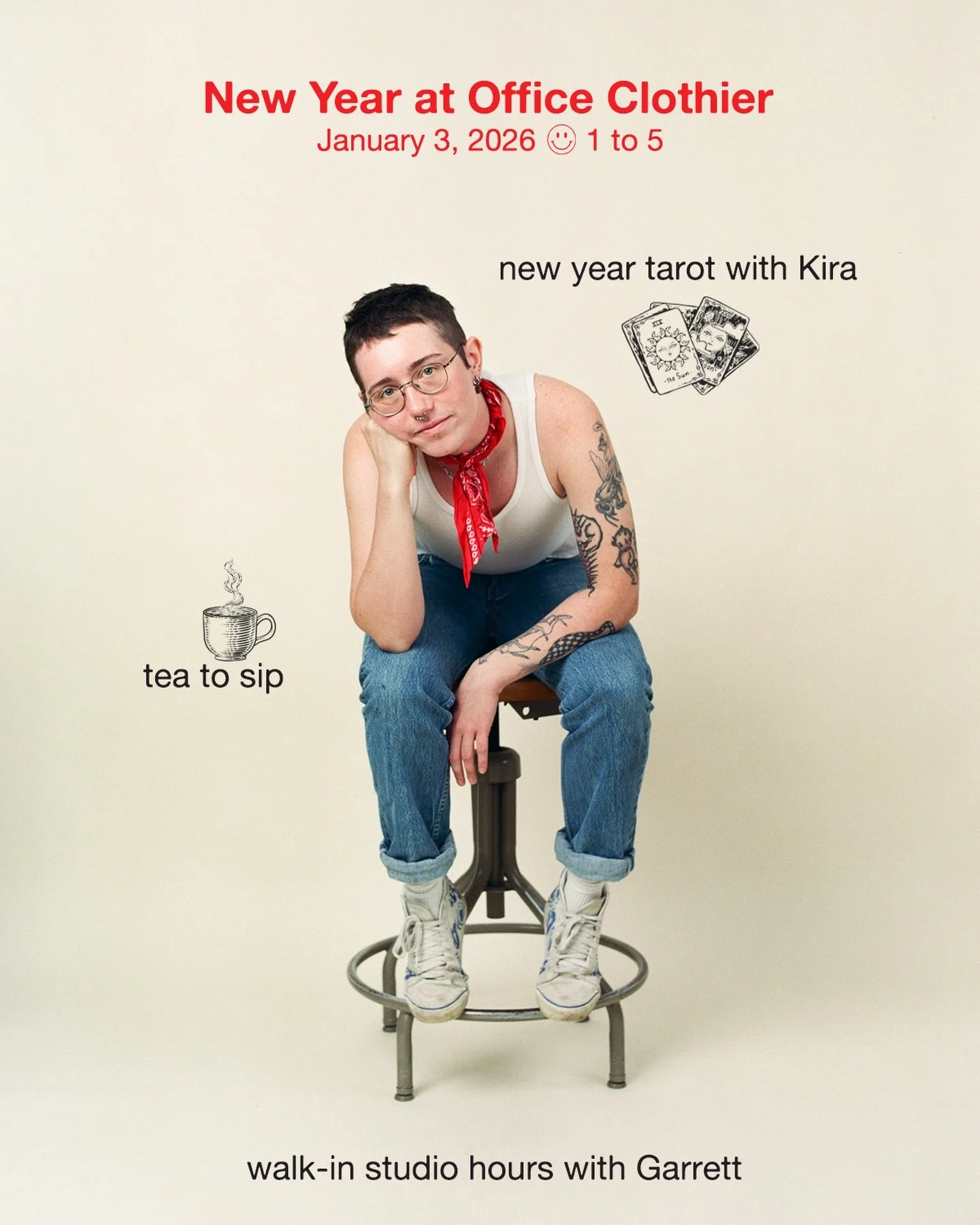 Join Kira, Garrett and the Office Clothier charmers on January 3rd, 1 - 5 for tarot, tea, and portraits. 

🌞 New Year tarot with Kira > @kirahanger 

📸 I haven&rsquo;t been in The Office workroom much lately, and wanted to make some photos in th