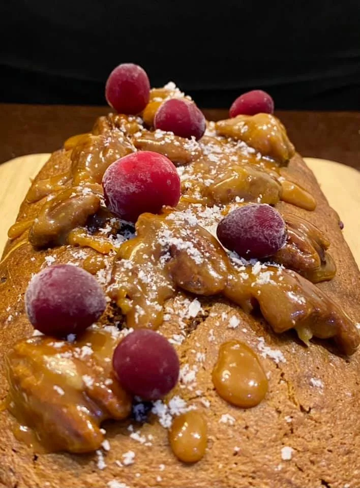 Banana Bread with fresh cranberries, dark chocolate, and caramelized pecans..jpeg